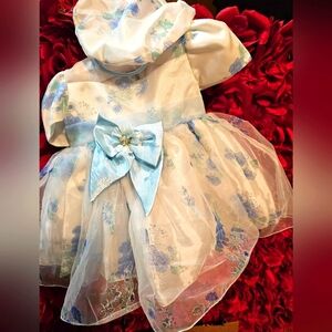 Bunny & Dino 12 Month Light Blue Floral Dress with Matching hat